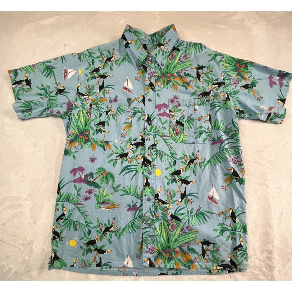 VTG Toucan Country Mens L‎ Shirt Camp Button Front Blue Tropical Pockets 80s